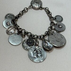 Chico's Silver Coin Charm Bracelet with Crystal Accents